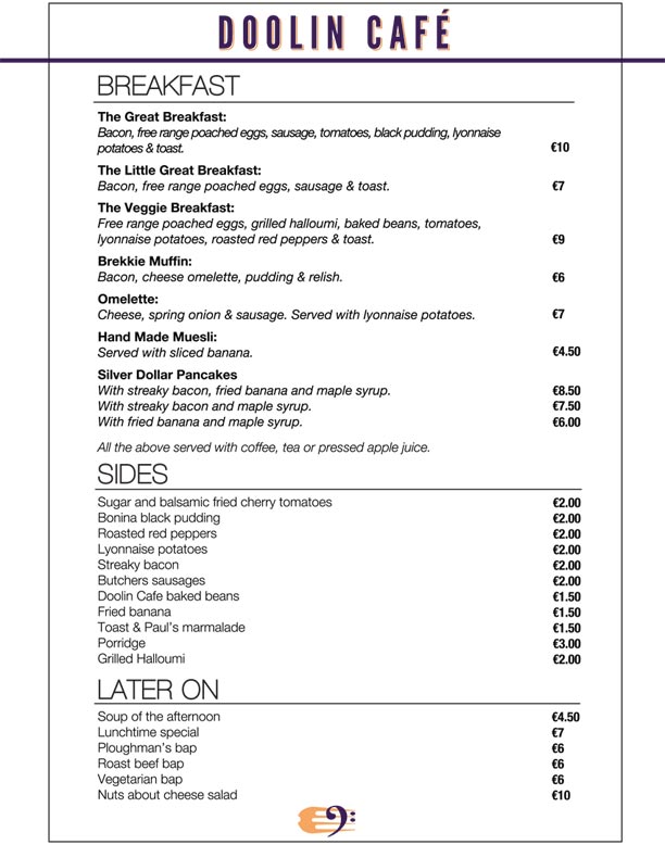 Doolin Cafe Menu